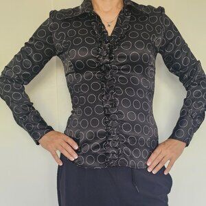 Antilia Femme Polka Dot Ruffle Blouse | Stretchy Work Top | Size Small